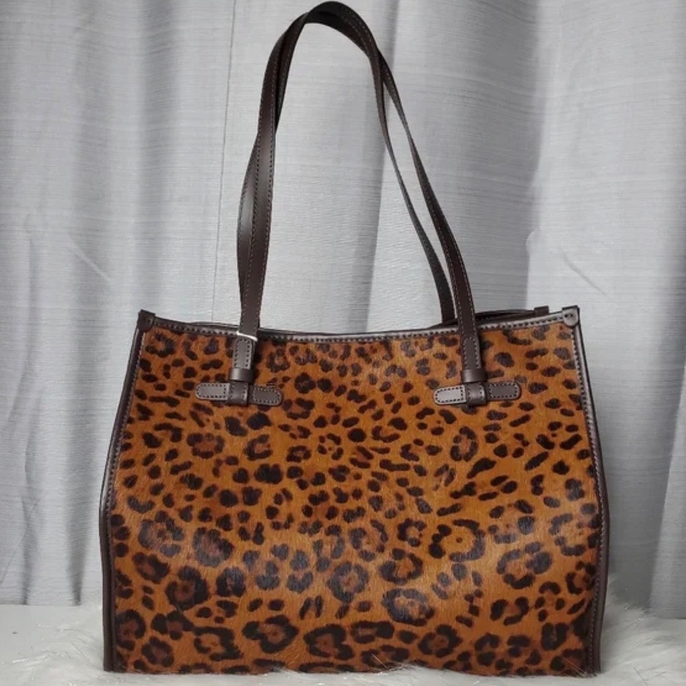Divina Firenze Italian Genuine Leather  Leopard Cheetah Calf Hair‎ Tote Bag NWOT